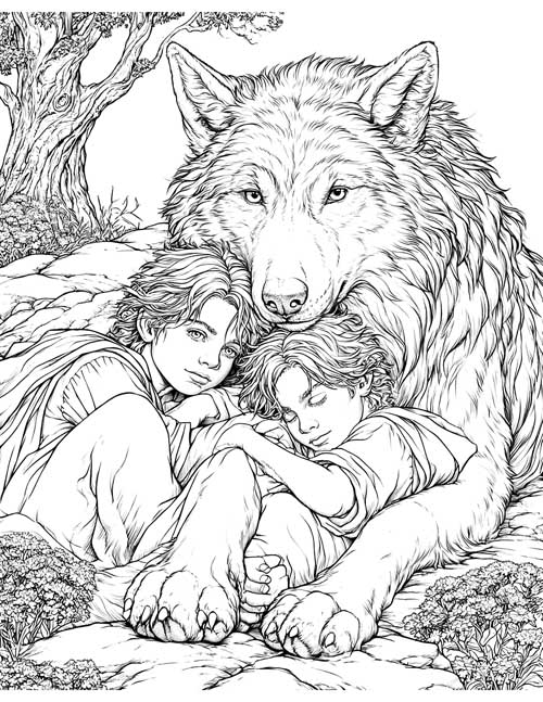 Detailed coloring page of two boys snuggled up against a big she-wolf, one of them asleep
