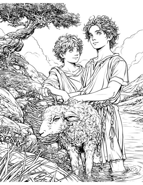 Detailed coloring page of two shepherd boys with a sheep beside a river