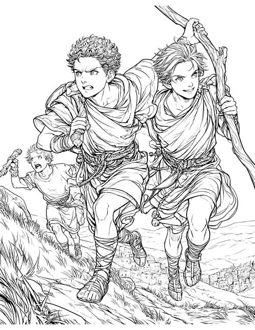 Detailed coloring page of two young men running downhill with staffs toward a town, with a younger boy following