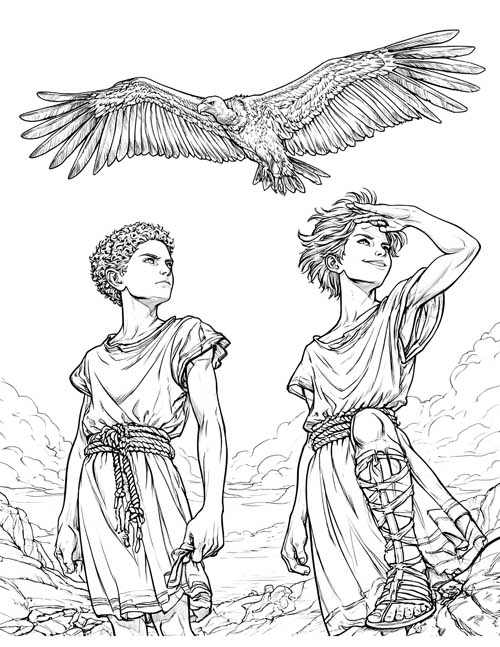 Detailed coloring page of two boys looking up at a vulture soaring above rocky hills