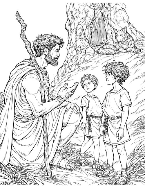 Detailed coloring page of a bearded shepherd kneeling to talk to two boys while a wolf watches from a cave