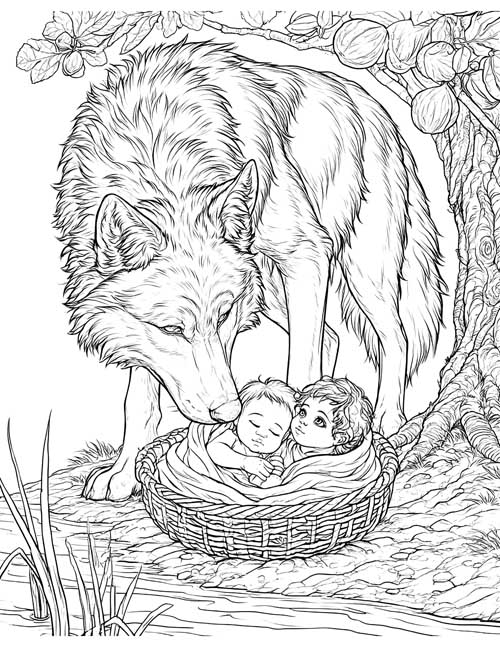 Detailed coloring page of a she-wolf nuzzling a basket holding two babies under a fig tree