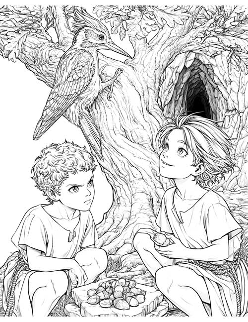Detailed coloring page of two boys looking up at a woodpecker on a big tree trunk, with acorns on a flat stone