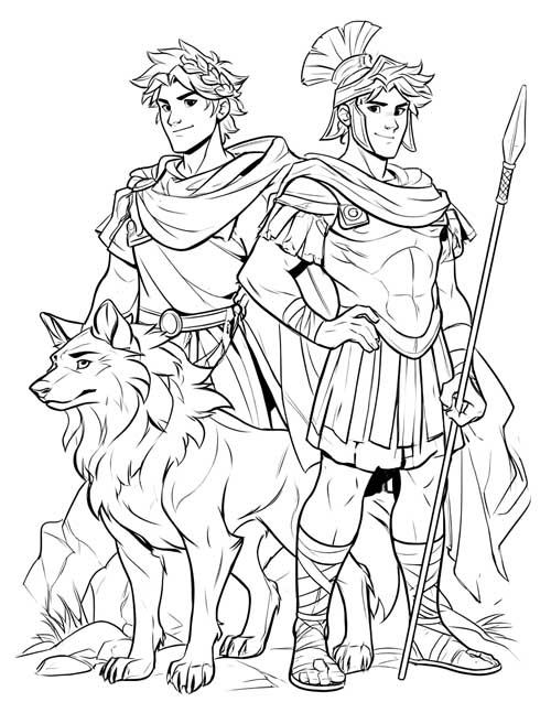 Comic-book style coloring page of the twins Romulus and Remus standing beside a wolf