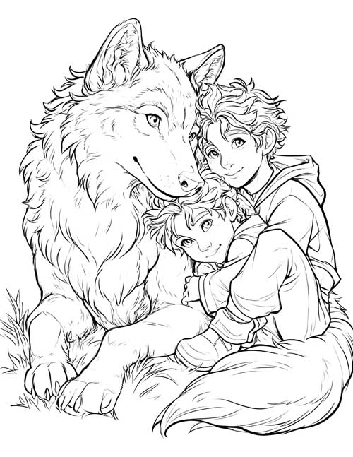 Sketch-style coloring page of a she-wolf nuzzling a younger boy who is hugged by an older boy