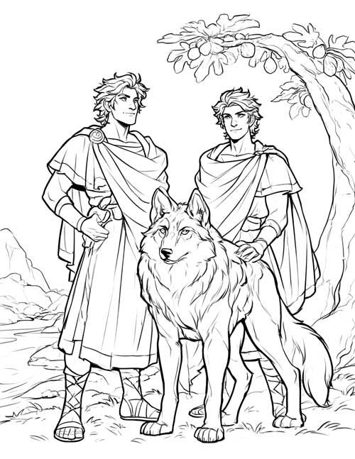 Sketch-style coloring page of the grown twins standing with a she-wolf beside a fig tree