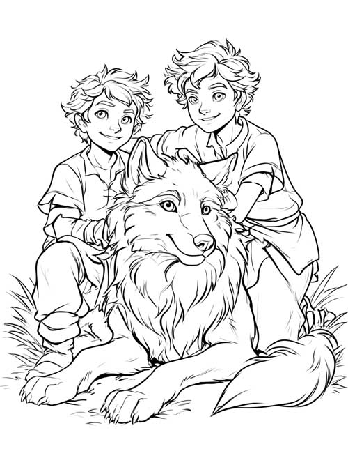 Sketch-style coloring page of two smiling boys sitting with a she-wolf in the grass