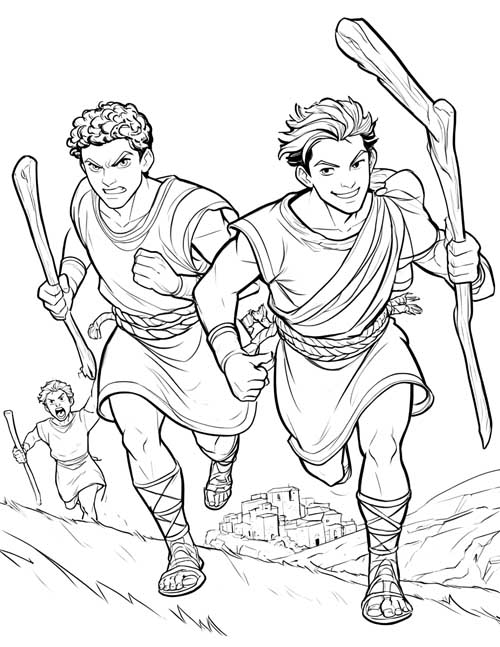 Sketch-style coloring page of two young men charging downhill with wooden staffs toward a town, with a younger boy running behind