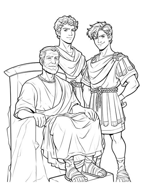 Sketch-style coloring page of two young men standing around an old king seated on a throne