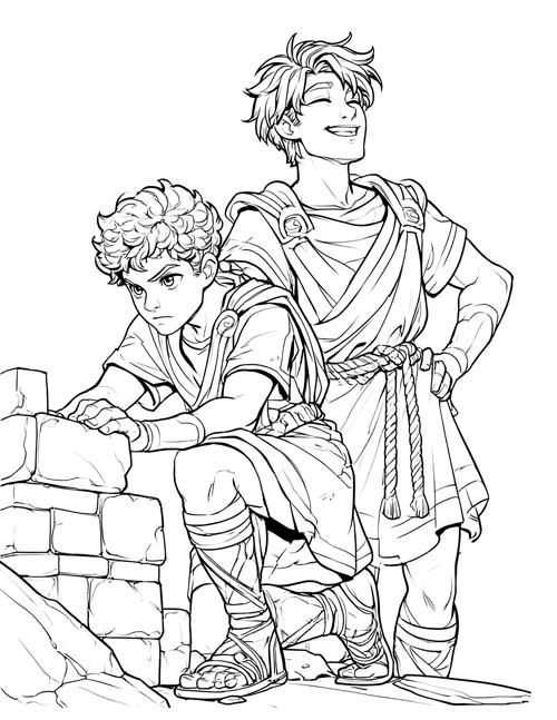 Sketch-style coloring page of one boy building a stone wall while the other stands behind him laughing