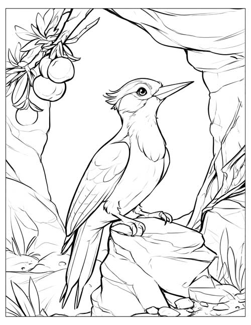 Sketch-style coloring page of a woodpecker perched on a rock