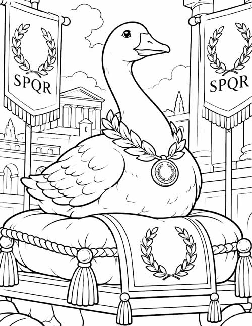 classic coloring page of the sacred goose of Juno on a cushion