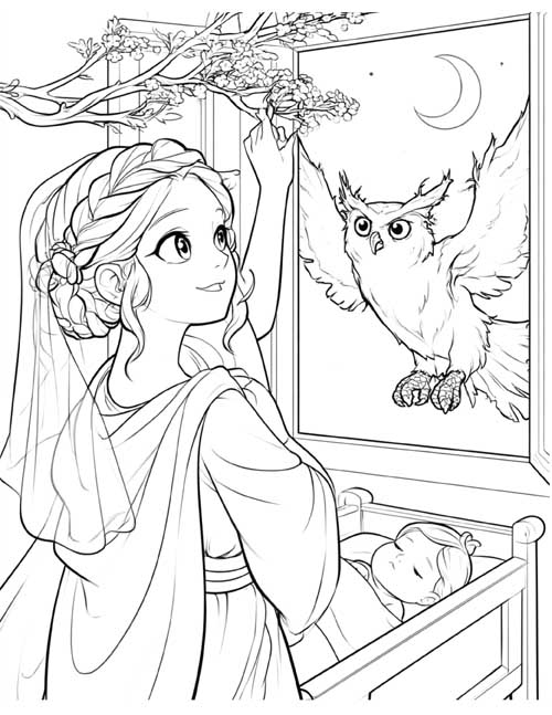 Cartoon coloring page of Carna placing a whitethorn branch in the window over baby Proca's cradle