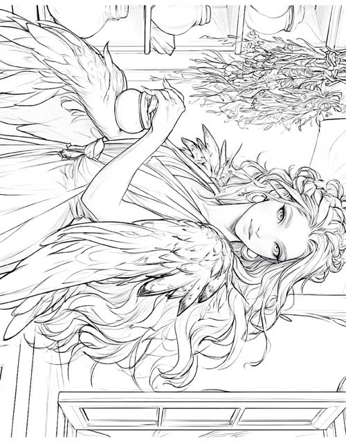 Detailed coloring page of Pamphile holding her jar of magic ointment as feathers sprout on her shoulders