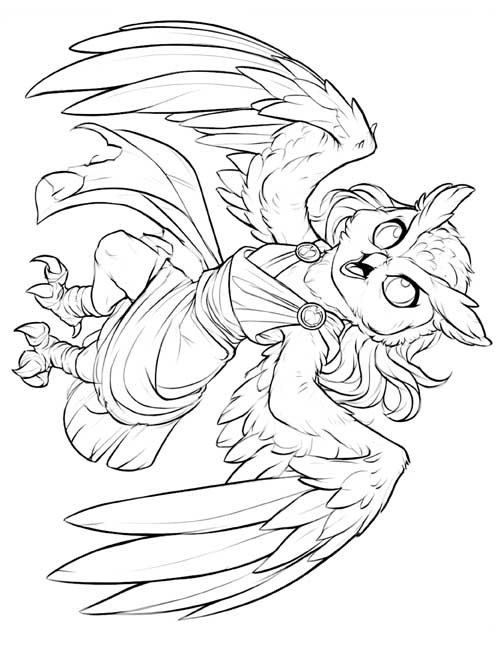 Coloring page of a strix as an owl-faced woman with wings, wearing a tunic