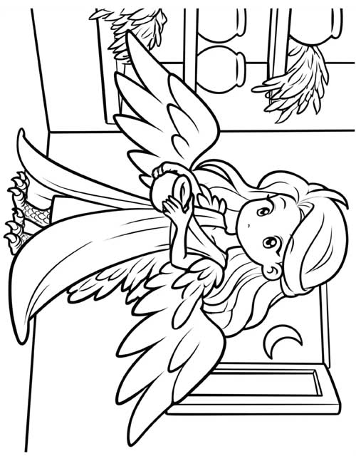 Simple coloring page of Pamphile with owl wings holding her jar of ointment