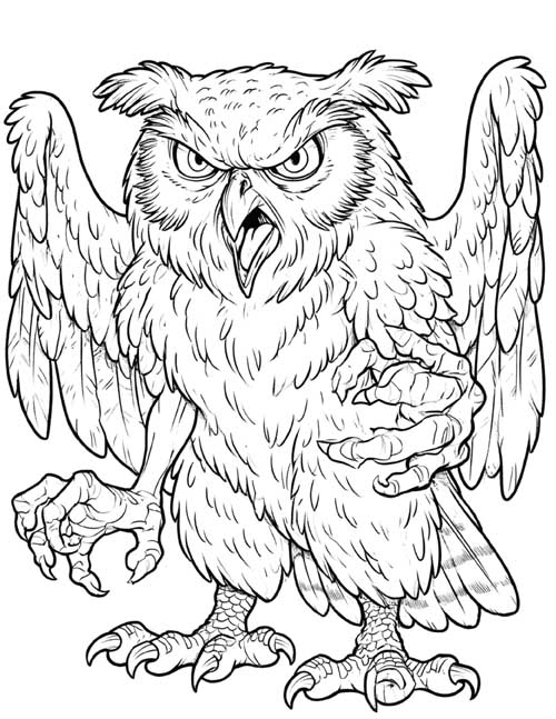 Realistic coloring page of an angry strix reaching out with its claws
