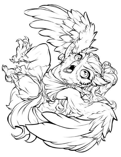 Coloring page of an owl-faced strix woman screeching as she lands