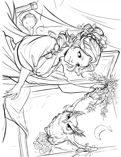 Sketch coloring page of Carna reaching a whitethorn branch toward a strix at the window as baby Proca sleeps