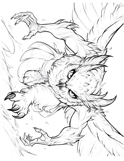 Sketch coloring page of a strix swooping in to land with its claws out