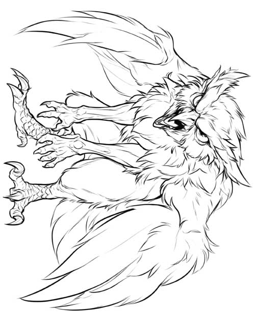 Sketch coloring page of a hunched strix with long arms and claws