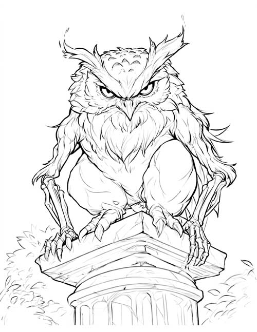 Detailed coloring page of a strix crouched on a stone column, watching
