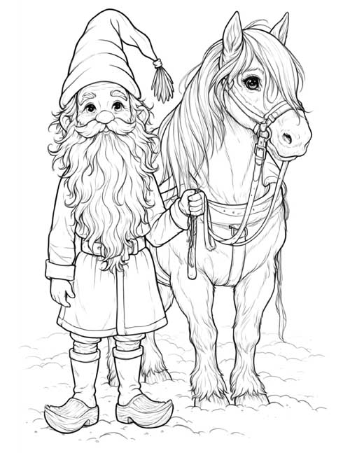 Coloring page of a tomte holding the reins of a farm horse