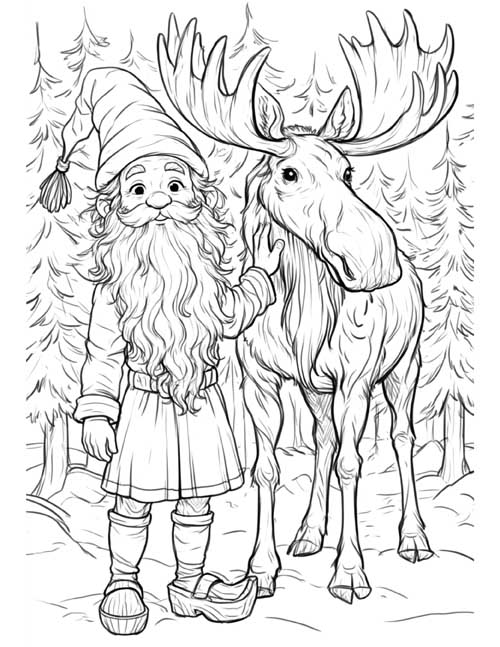 Coloring page of a tomte resting a hand on a moose in a snowy pine forest