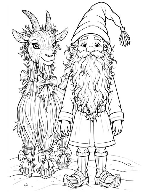Coloring page of a tomte standing beside a straw Yule goat tied with ribbons