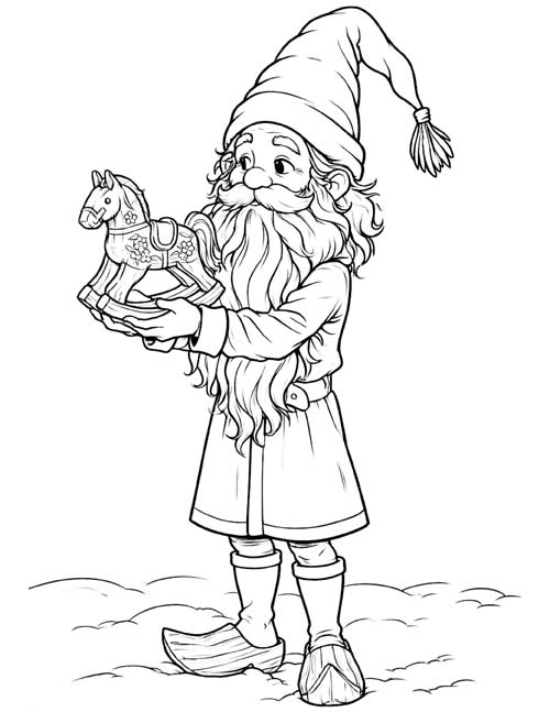 Coloring page of a tomte holding a small wooden horse decorated with flowers