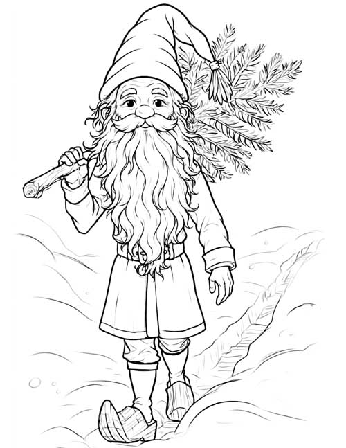 Coloring page of a tomte carrying a fir tree over his shoulder through the snow