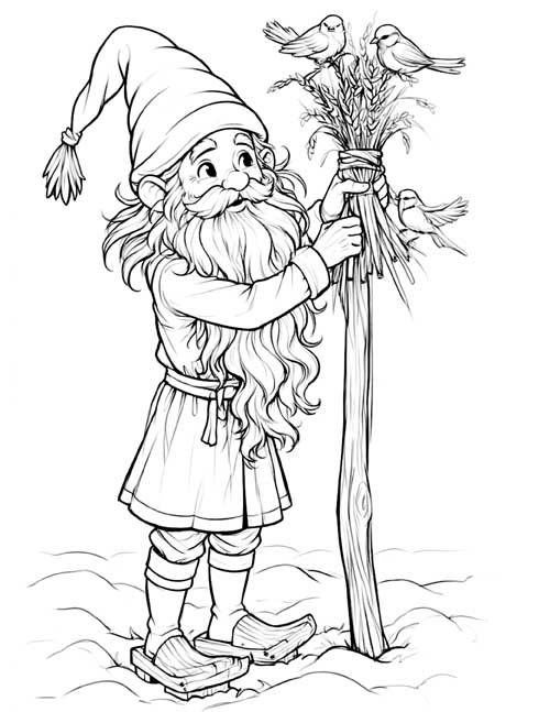 Coloring page of a tomte tying a bundle of grain to a pole while small birds gather