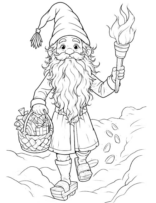 Coloring page of a tomte carrying a flaming torch and a basket of wrapped gifts