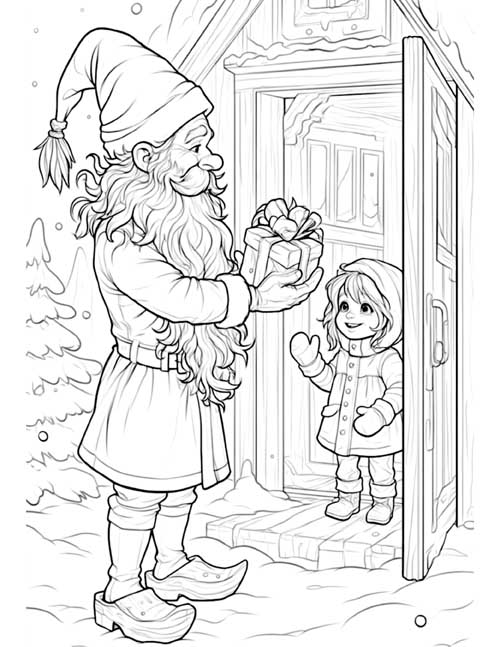Coloring page of a tomte handing a wrapped present to a child in a farmhouse doorway
