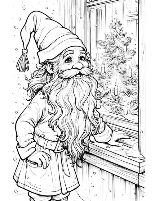 Coloring page of a tomte looking through a window at a Christmas tree with candles