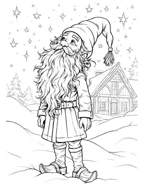 Coloring page of a tomte looking up at a starry sky outside a snowy farmhouse