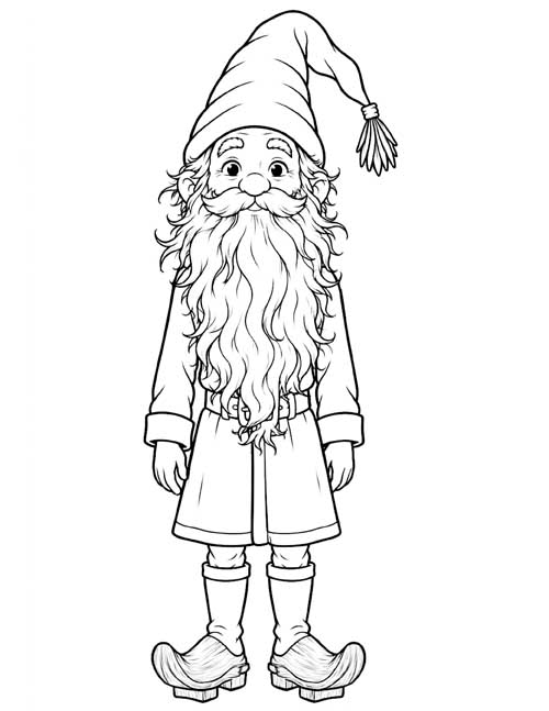 Coloring page of a tall slim tomte with a long beard, a tasselled cap and wooden clogs