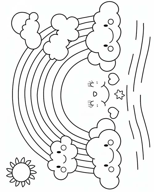 coloring page of a cute rainbow with a face