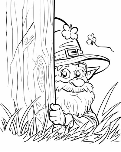 coloring page of a leprechaun peeking from behind a tree