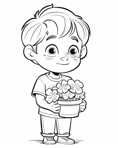 coloring page of a boy holding a pot of shamrocks