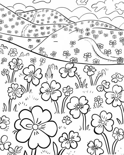 coloring page of a field of shamrocks