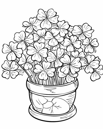 coloring page of a pot of shamrocks