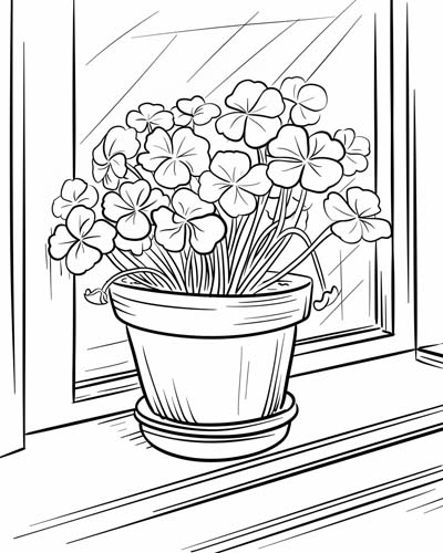 coloring page of a pot of shamrocks on a windowsill