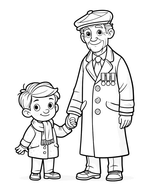 coloring page of a veteran with medals holding a young boy's hand