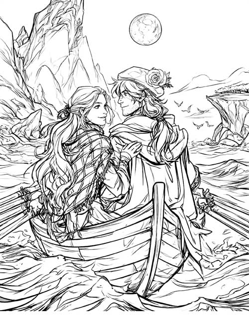 bold lines coloring page of Bonnie Prince Charlie crossing the sea to skye