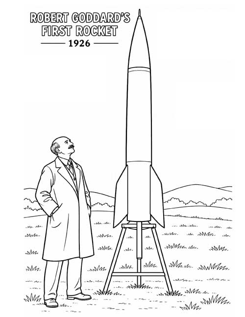 coloring page of Robert Goddard and his 1926 rocket