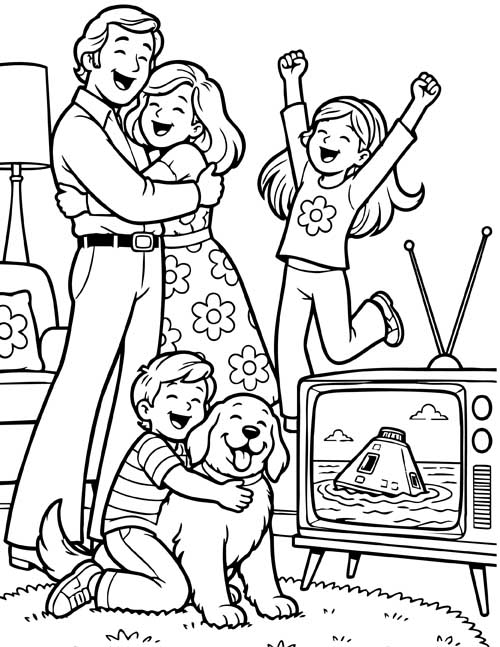 coloring page of a family cheering in front of the TV as Apollo 13 lands safely