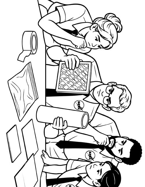 coloring page of NASA engineers working out how to fit a square air filter into a round hole