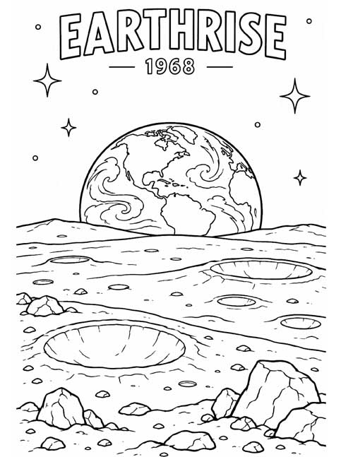 coloring page of the Earth rising over the Moon