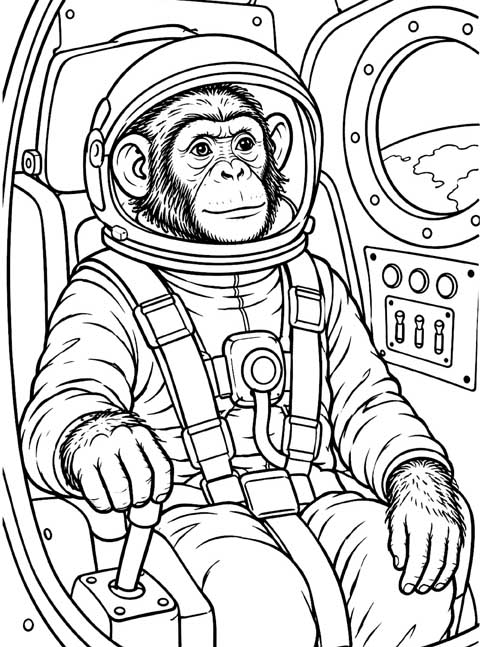 coloring page of Ham the chimpanzee in his space suit